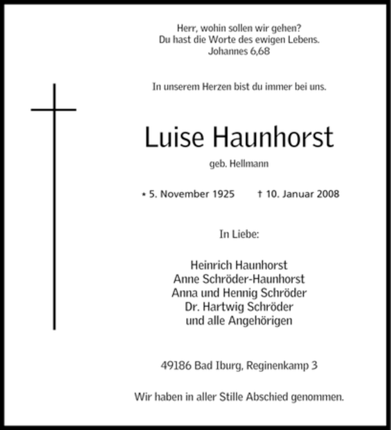  Traueranzeige für Luise Haunhorst vom 19.01.2008 aus Tageszeitung