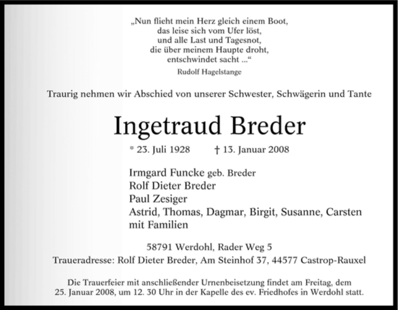  Traueranzeige für Ingetraud Breder vom 19.01.2008 aus Tageszeitung