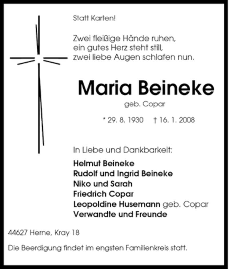  Traueranzeige für Maria Beineke vom 19.01.2008 aus Tageszeitung