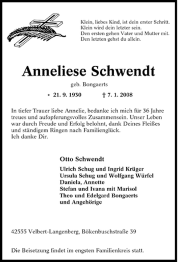 Traueranzeige von Anneliese Schwendt von Tageszeitung