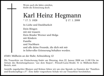 Traueranzeige von Karl Heinz Hegmann von Tageszeitung