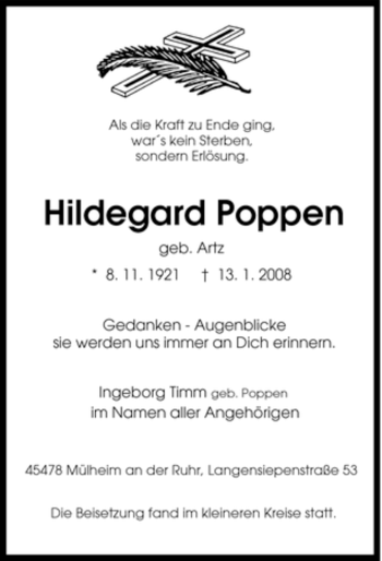 Traueranzeige von Hildegard Poppen von Tageszeitung