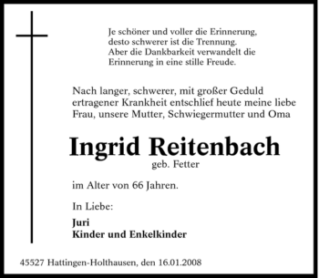Traueranzeige von Ingrid Reitenbach von Tageszeitung