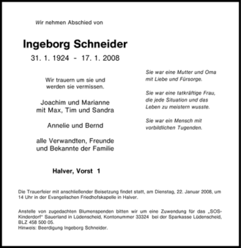 Traueranzeige von Ingeborg Schneider von Tageszeitung