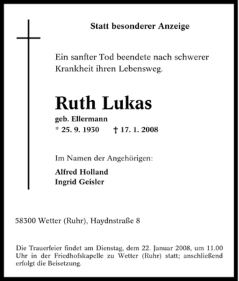 Traueranzeige von Ruth Lukas von Tageszeitung