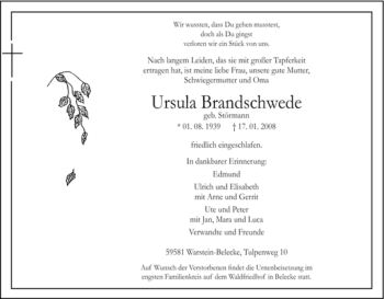 Traueranzeige von Ursula Brandschwede von Tageszeitung