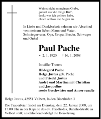 Traueranzeige von Paul Pache von Tageszeitung