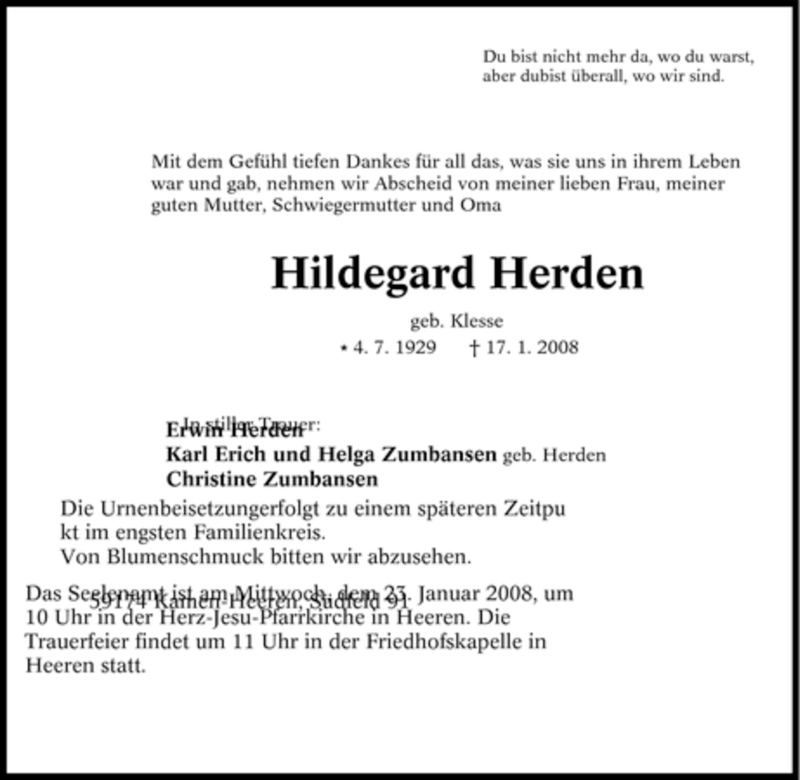  Traueranzeige für Hildegard Herden vom 19.01.2008 aus Tageszeitung