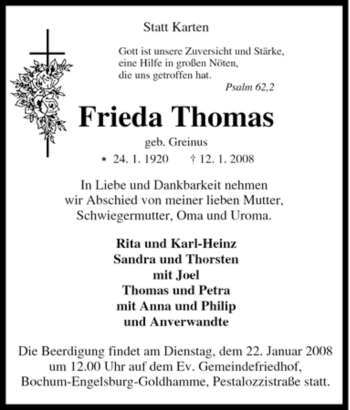 Traueranzeige von Frieda Thomas von Tageszeitung