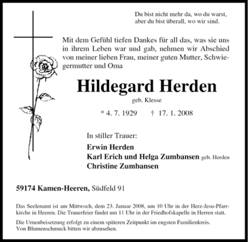  Traueranzeige für Hildegard Herden vom 19.01.2008 aus Tageszeitung