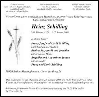 Traueranzeige von Heinz Schilling von Tageszeitung