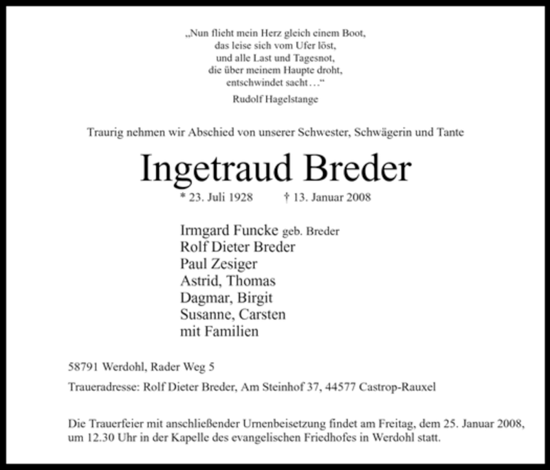  Traueranzeige für Ingetraud Breder vom 19.01.2008 aus Tageszeitung