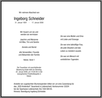 Traueranzeige von Ingeborg Schneider von Tageszeitung
