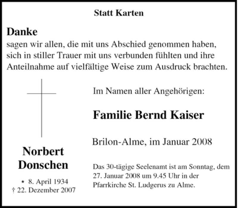  Traueranzeige für Norbert Donschen vom 21.01.2008 aus Tageszeitung