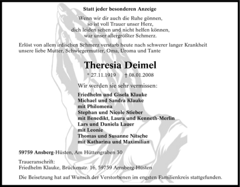  Traueranzeige für Theresia Deimel vom 21.01.2008 aus Tageszeitung
