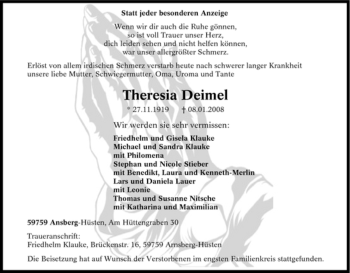 Traueranzeige von Theresia Deimel von Tageszeitung