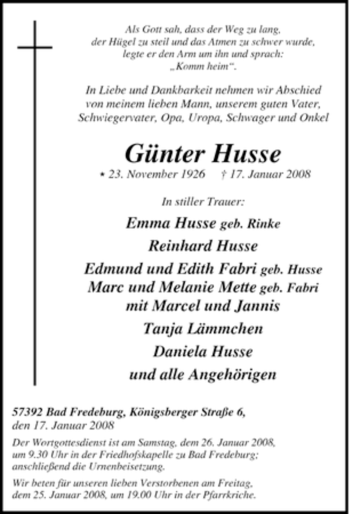 Traueranzeige von Günter Husse von Tageszeitung