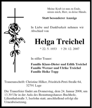 Traueranzeige von Helga Treichel von Tageszeitung