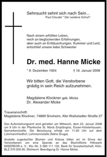Traueranzeige von Hanne Micke von Tageszeitung