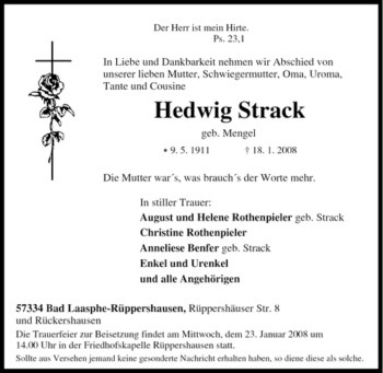 Traueranzeige von Hedwig Strack von Tageszeitung