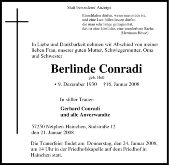 Traueranzeige von Berlinde Conradi von Tageszeitung