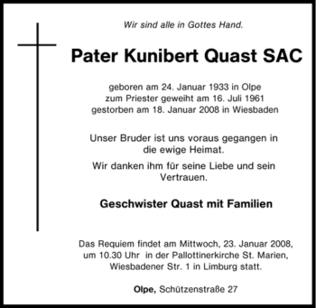 Traueranzeige von Kunibert Quast von Tageszeitung