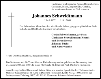 Traueranzeige von Johannes Schweidtmann von Tageszeitung