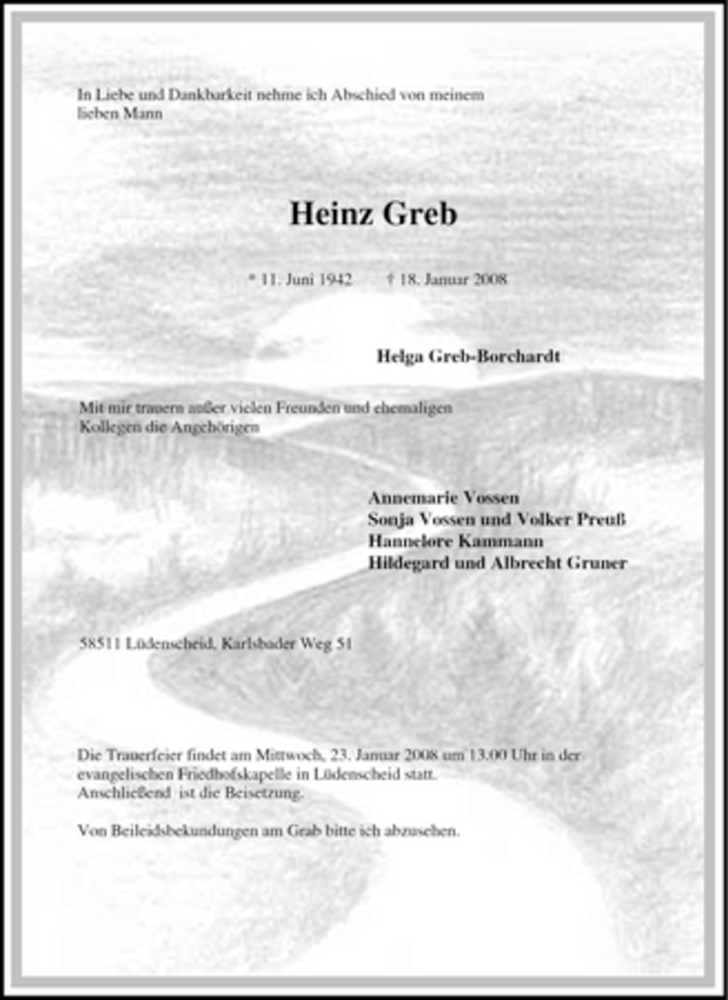  Traueranzeige für Heinz Greb vom 21.01.2008 aus Tageszeitung