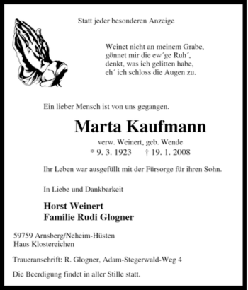 Traueranzeige von Marta Kaufmann von Tageszeitung
