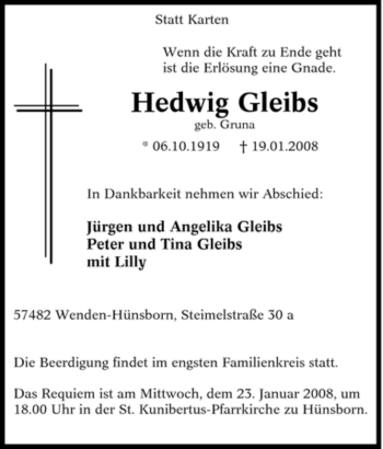 Traueranzeige von Hedwig Gleibs von Tageszeitung