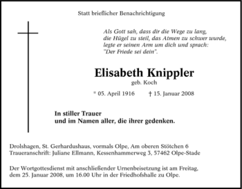 Traueranzeige von Elisabeth Knippler von Tageszeitung