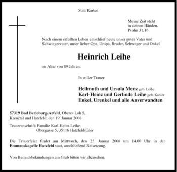 Traueranzeige von Heinrich Leihe von Tageszeitung