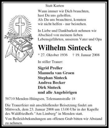 Traueranzeige von Wilhelm Sinteck von Tageszeitung