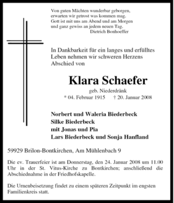 Traueranzeige von Klara Schaefer von Tageszeitung