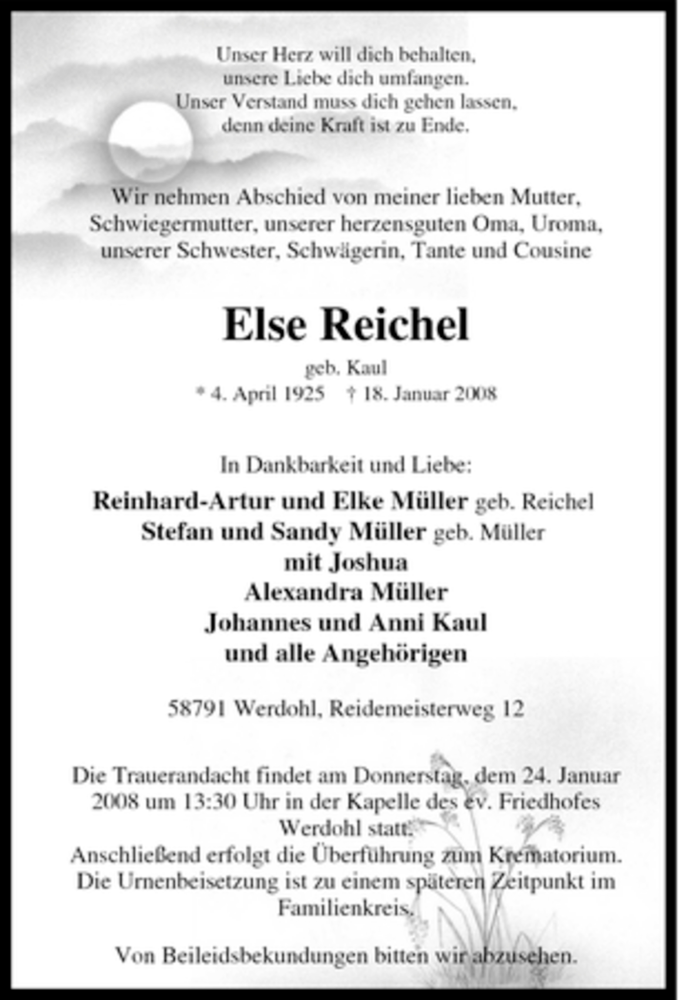  Traueranzeige für Else Reichel vom 21.01.2008 aus Tageszeitung