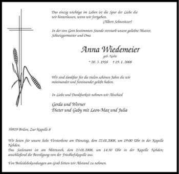 Traueranzeige von Anna Wiedemeier von Tageszeitung