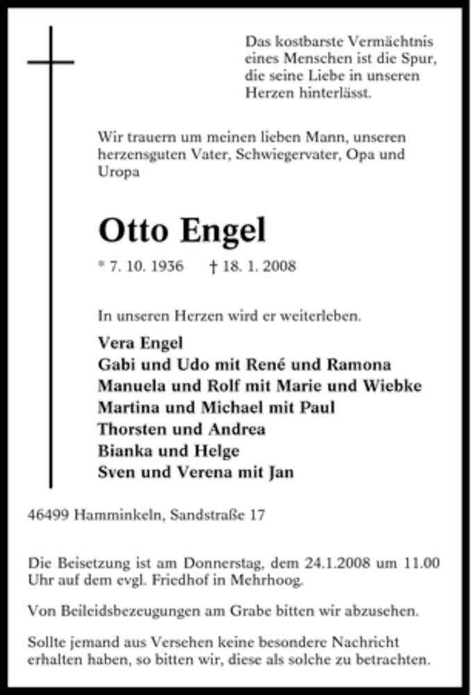  Traueranzeige für Otto Engel vom 21.01.2008 aus Tageszeitung