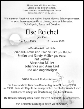 Traueranzeige von Else Reichel von Tageszeitung