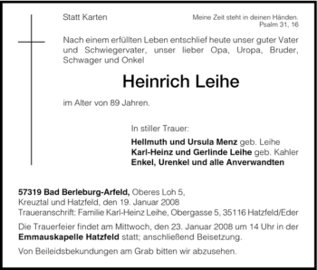 Traueranzeige von Heinrich Leihe von Tageszeitung