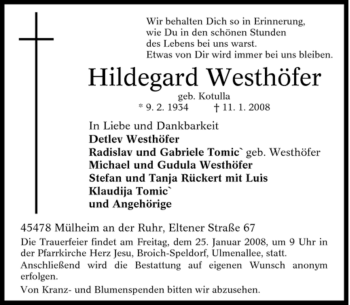 Traueranzeige von Hildegard Westhöfer von Tageszeitung