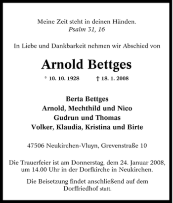 Traueranzeige von Arnold Bettges von Tageszeitung