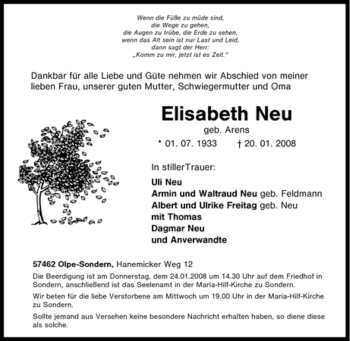 Traueranzeige von Elisabeth Neu von Tageszeitung
