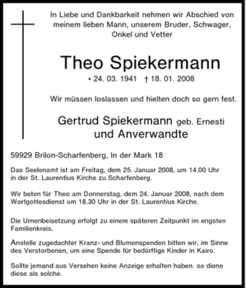 Traueranzeige von Theo Spiekermann von Tageszeitung