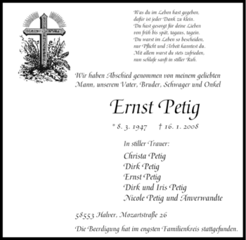 Traueranzeige von Ernst Petig von Tageszeitung