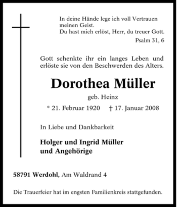 Traueranzeige von Dorothea Müller von Tageszeitung