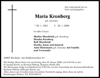 Traueranzeige von Maria Kronberg von Tageszeitung