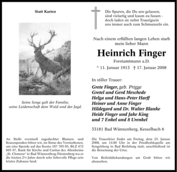 Traueranzeige von Heinrich Finger von Tageszeitung