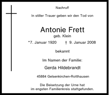 Traueranzeige von Antonie Frett von Tageszeitung