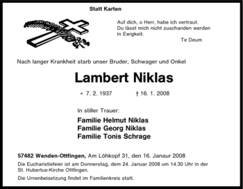 Traueranzeige von Lambert Niklas von Tageszeitung