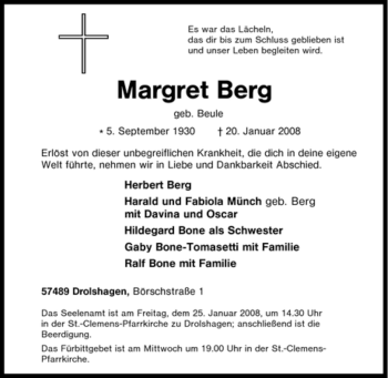 Traueranzeige von Margret Berg von Tageszeitung